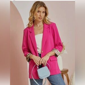 ANDREE BY UNIT Fuchsia Blazer with Animal Print Cuffs - Size S